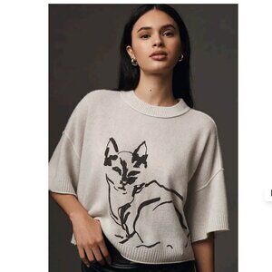 Anthropologie 100% Cashmere The Goldie Cat Crew Neck Sweater Sz XXS Fits like S